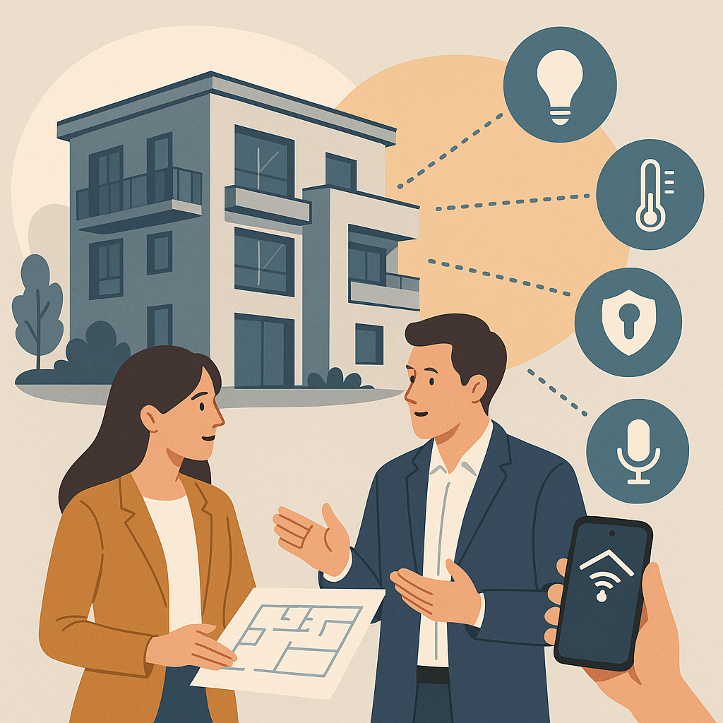 ilustración de dos personas con un plano delante de una casa inteligente