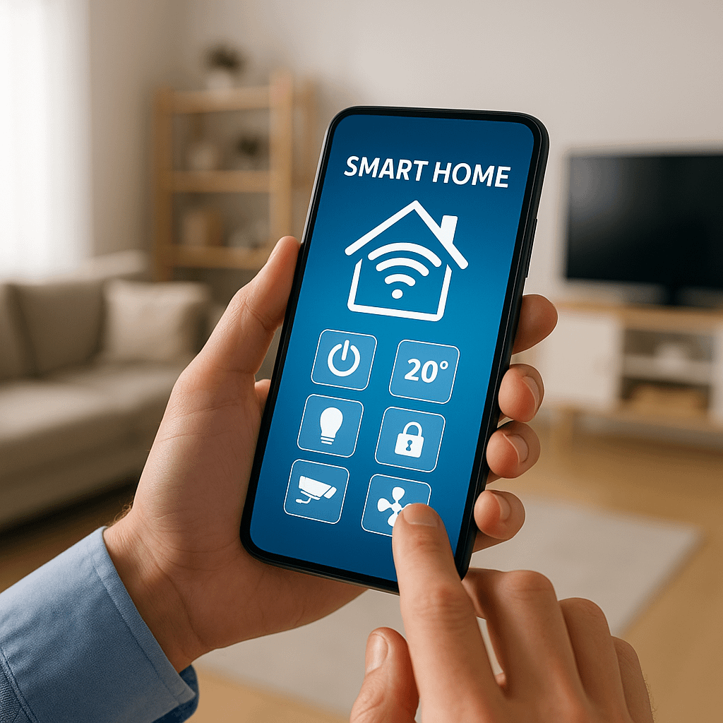 Celular con aplicación de domótica, desde la que se puede controlar la temperatura, iluminación, seguridad, etc.